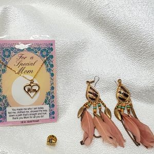 Mom 18kt. Gold Necklace #1 Mom Pin Mauve Feather Beaded Earrings Lot